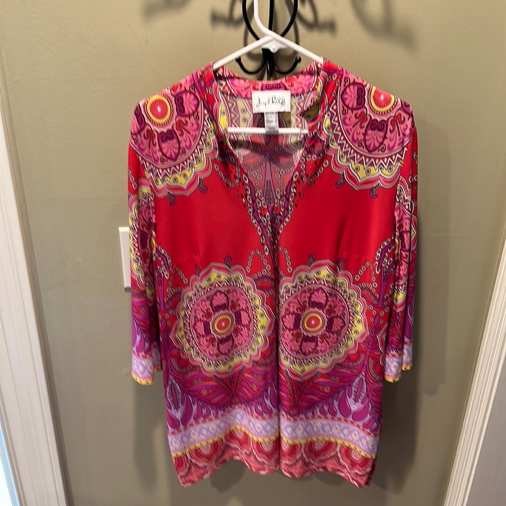 EUC Joseph Ribkoff Bright Pink Kaftan Tunic Top Sz 14 3/4 sleeves